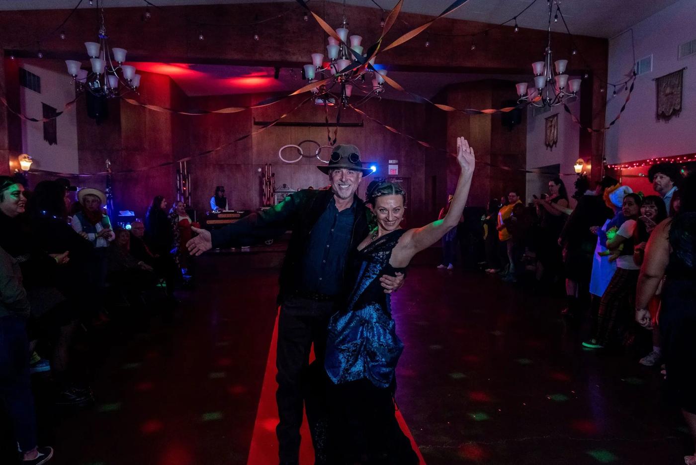 Brett and Yelena dancing down the red carpet at the Zombie Ball, Davis Odd Fellows Lodge