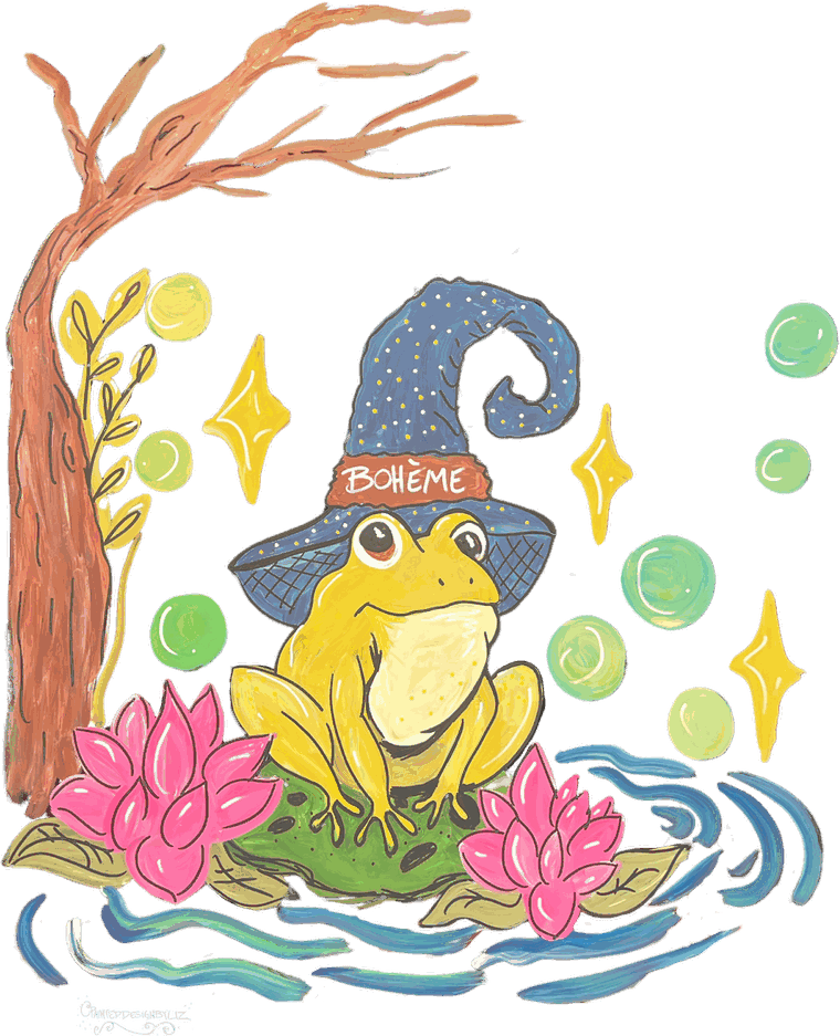The Bohème Frog Wizard: a yellow frog in a starry blue wizard hat on a lily pad, with pink lotus, bubbles and a bare tree
